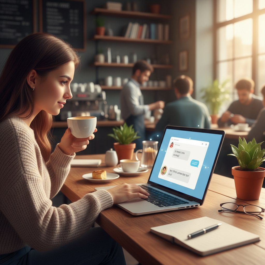Osoba siedzi z kawą i laptopem w kawiarni – pierwsza rozmowa online