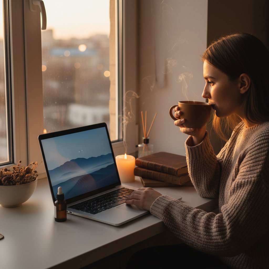 Zdjęcie osoby z kubkiem kawy przy laptopie, wieczorny rytuał rozmowy online