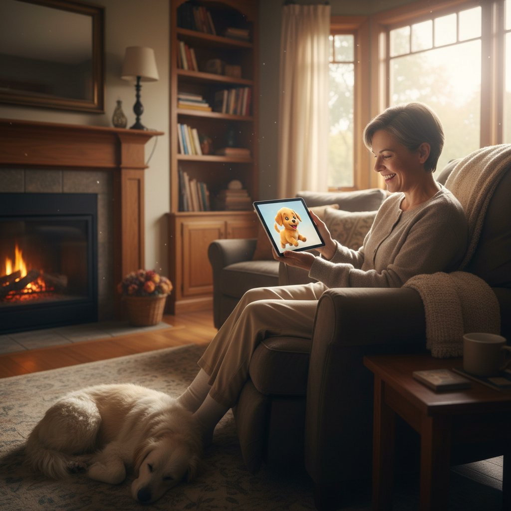 Osoba z niepełnosprawnością, uśmiechnięta, patrzy na tablet z wyświetlonym wirtualnym psem – codzienność z symulatorem