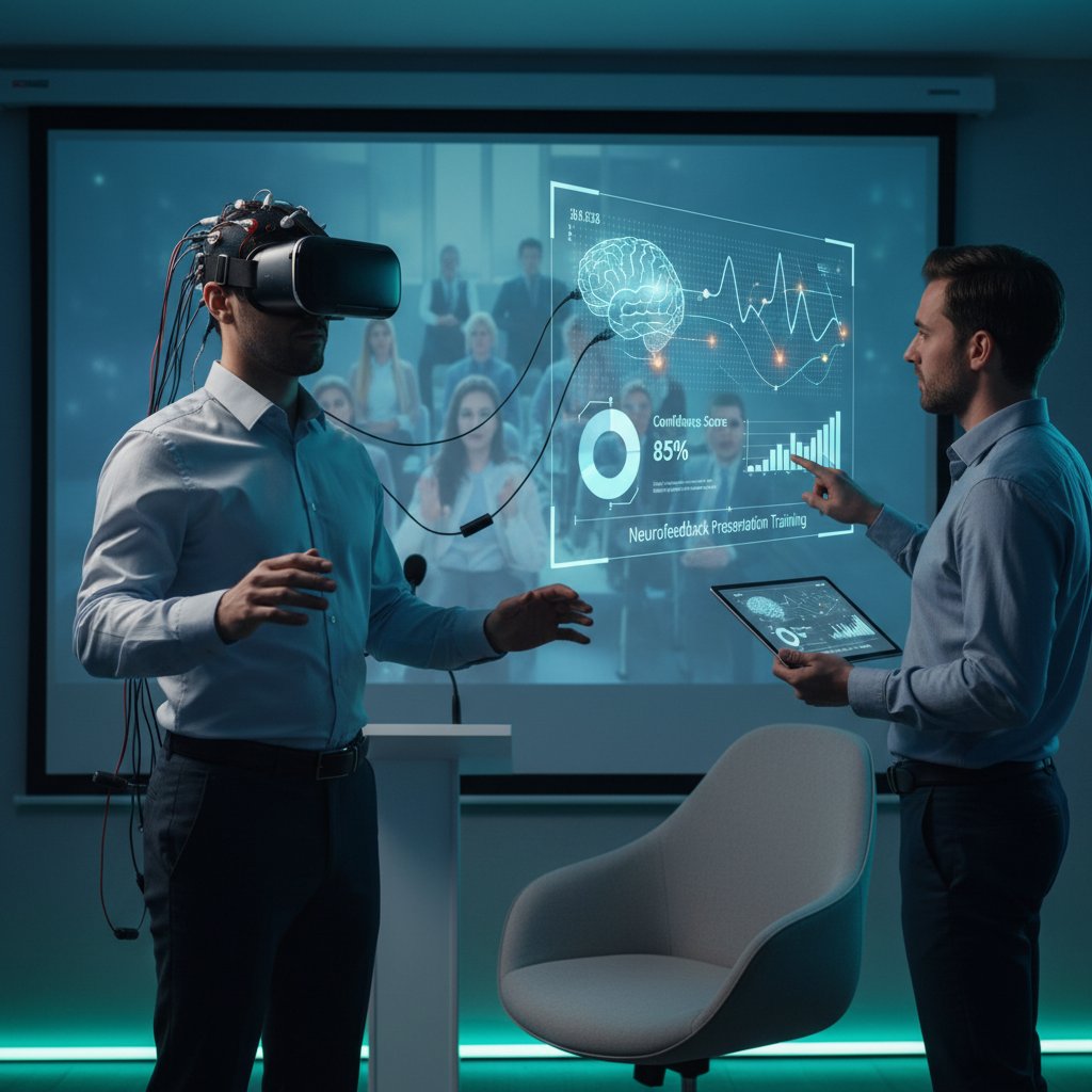 Osoba z headsetem EEG i VR podczas treningu prezentacji, ekran pokazujący analizę fal mózgowych i emocji