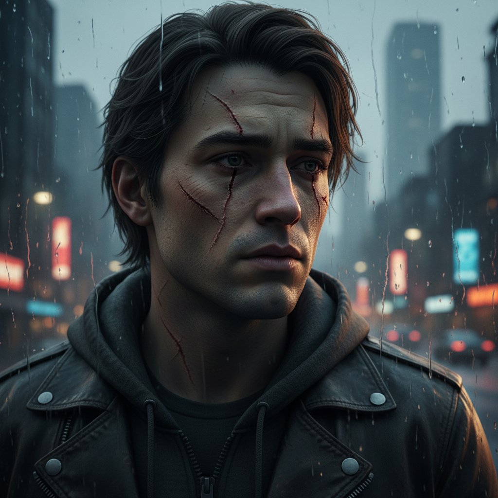 Emocjonalny portret osoby z bliznami na twarzy na tle miejskiej ulicy