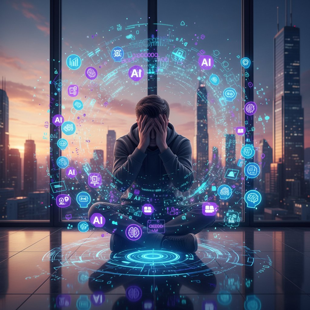 Człowiek z rękami na twarzy, otoczony ikonami AI, w klimacie napięcia i refleksji, nowoczesny styl, wieczorne światło