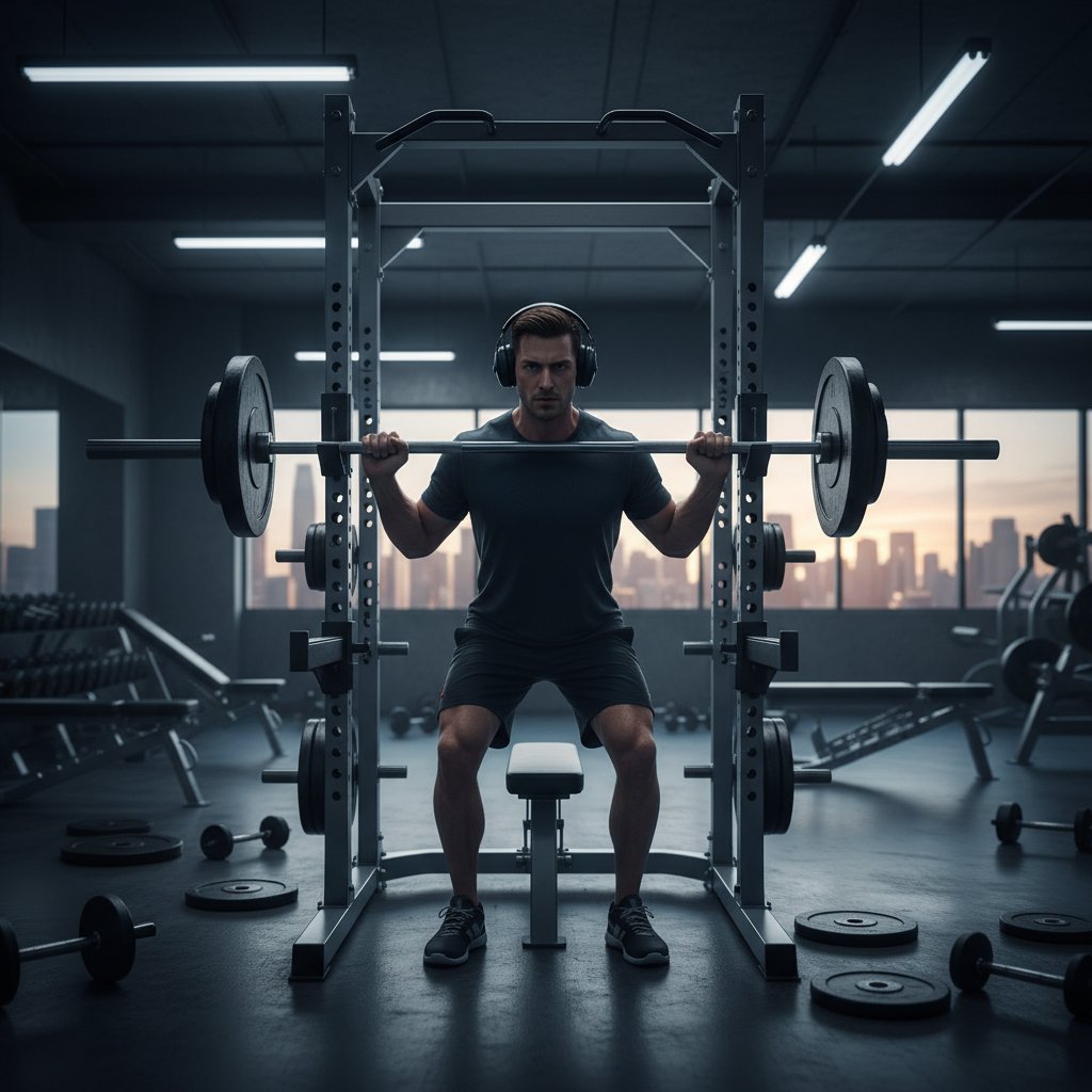 Osoba w słuchawkach, skoncentrowana na własnym treningu w siłowni