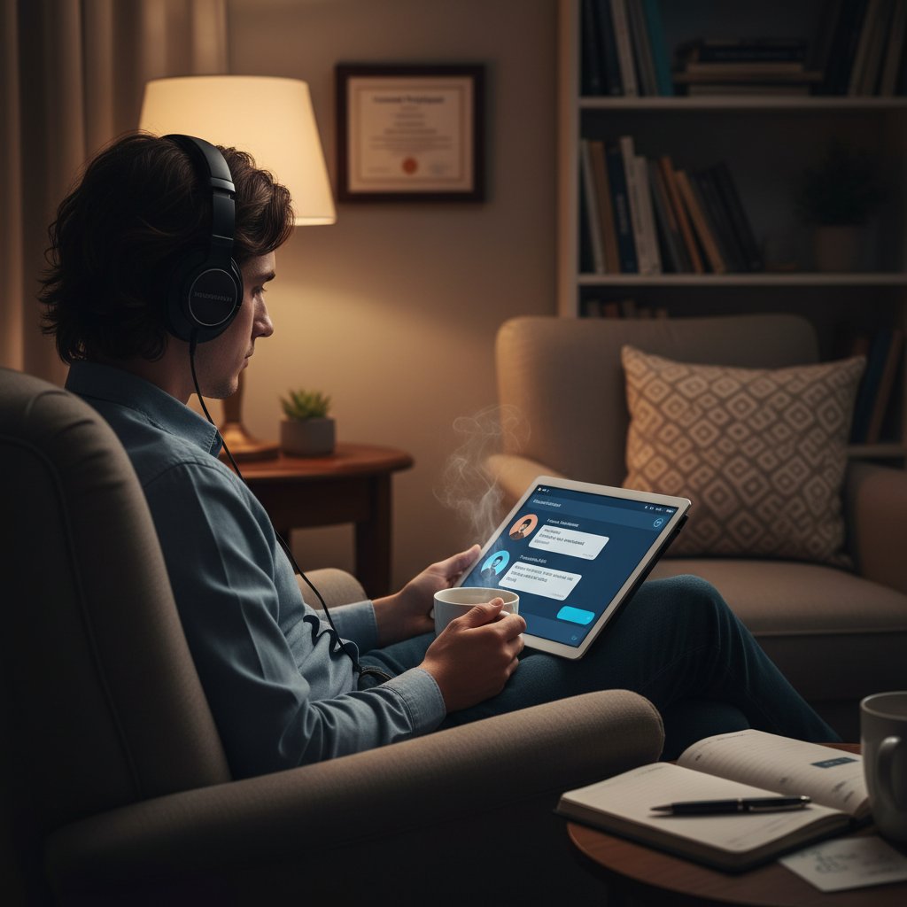 Osoba w słuchawkach, rozmawiająca anonimowo przez czat z psychologiem online