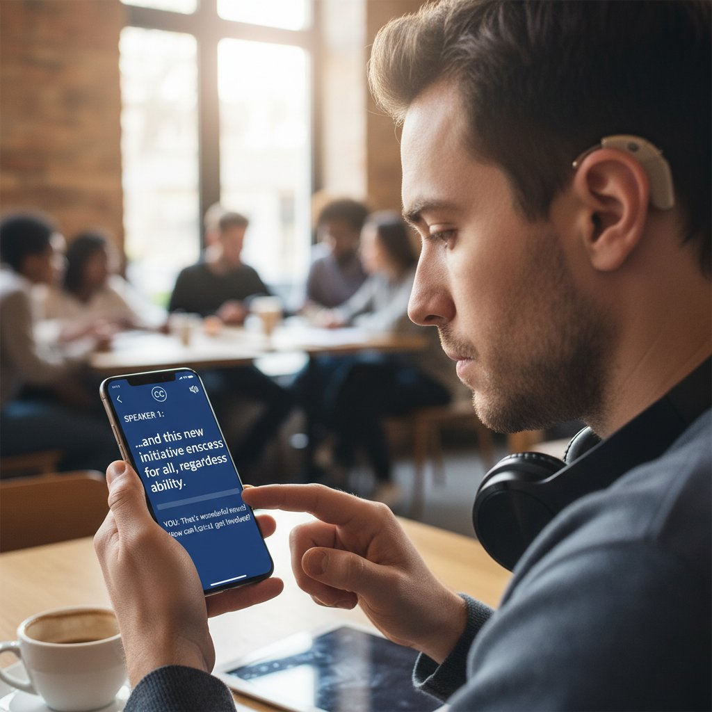 Osoba z niedosłuchem czyta transkrypcję podcastu na telefonie