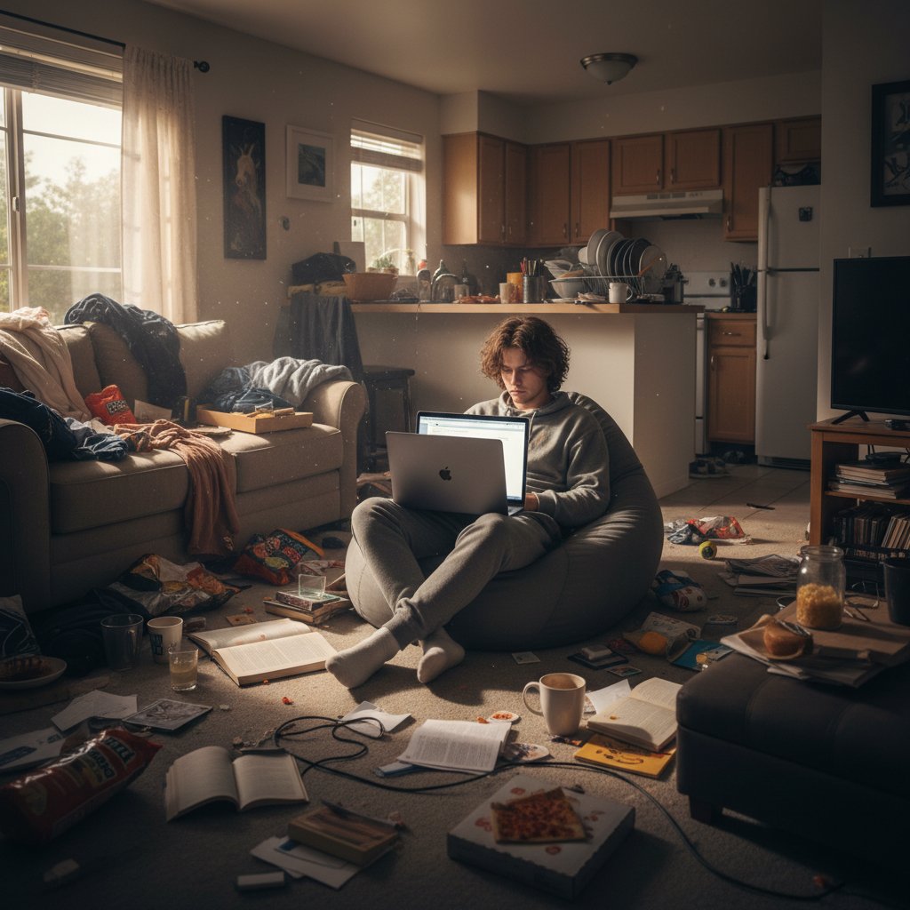 Zdjęcie przeciętnej osoby siedzącej z laptopem, otoczona chaosem w mieszkaniu, symbolizujące walkę z prokrastynacją