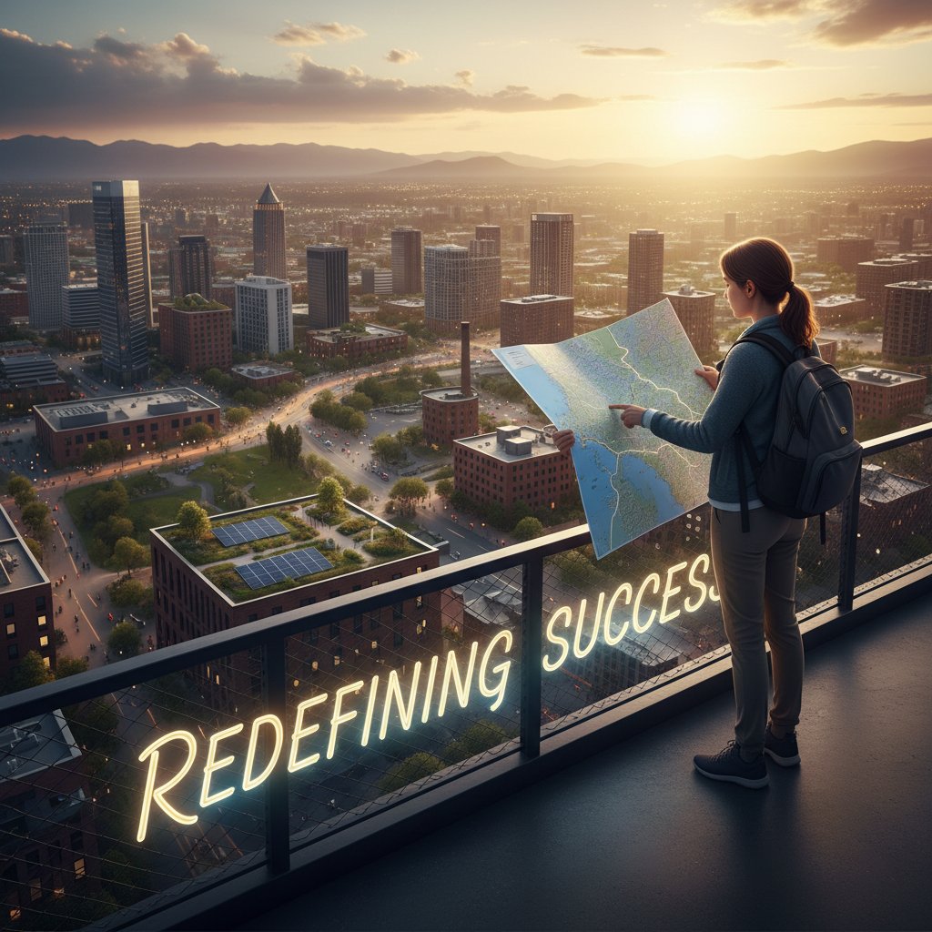 Osoba z mapą, patrząca w dal na miasto – redefinicja sukcesu, własna droga