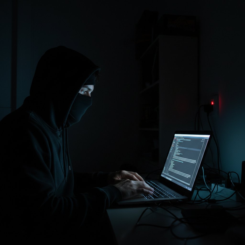 Osoba w masce, patrząca na ekran laptopa w zaciemnionym pokoju, symbolizująca anonimowość i eksperymentowanie z tożsamością online