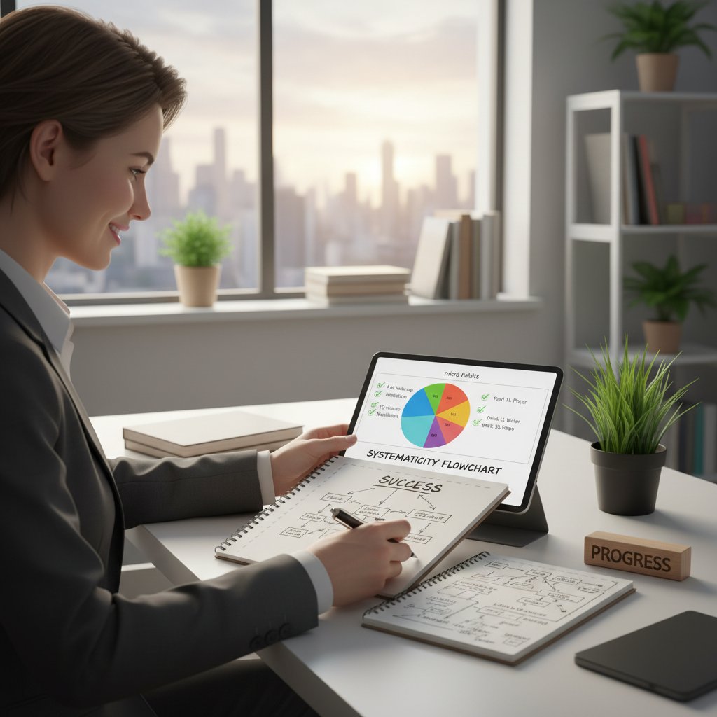 Osoba z notesem, odhaczająca na liście mikro-nawyki – motyw systematyczności i sukcesu