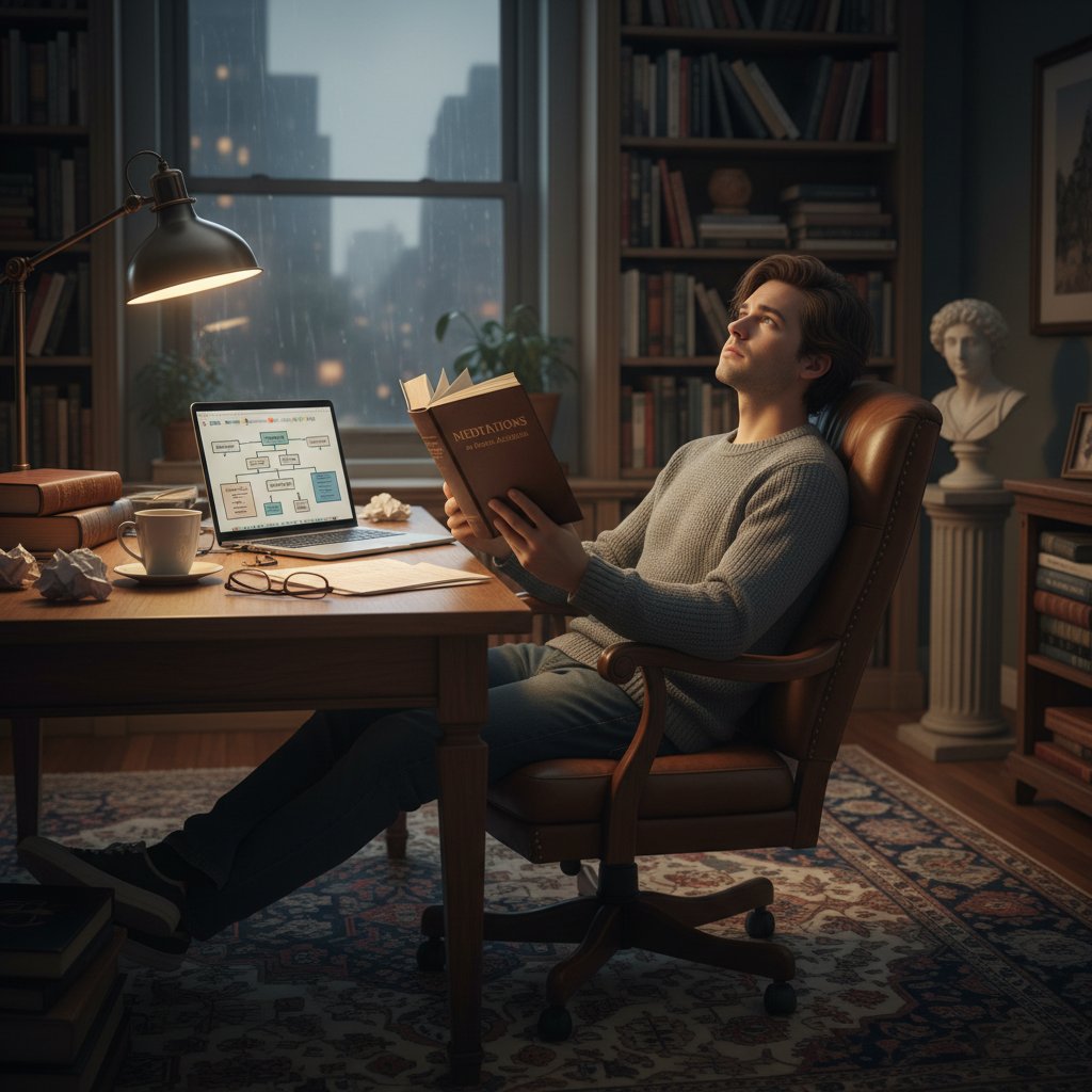 Zdjęcie osoby siedzącej z książką filozoficzną i laptopem – symbol balansowania myślenia człowieka i algorytmu