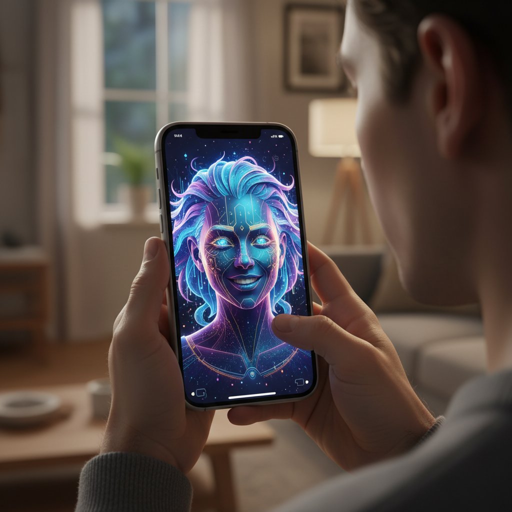 Zdjęcie osoby z telefonem i wyświetlającym się na ekranie awatarem AI – symbol wsparcia technologicznego