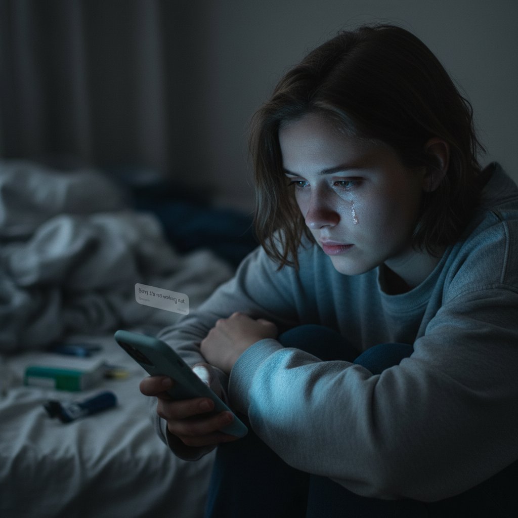 Osoba z telefonem, wyraz rozczarowania, ekran z wiadomością o odrzuceniu, samotność online