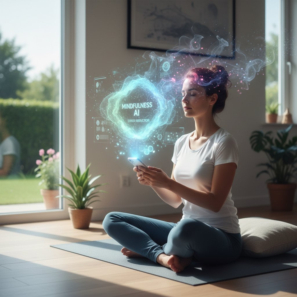 Osoba z telefonem podczas ćwiczeń mindfulness wspieranych przez AI, stres bojowy