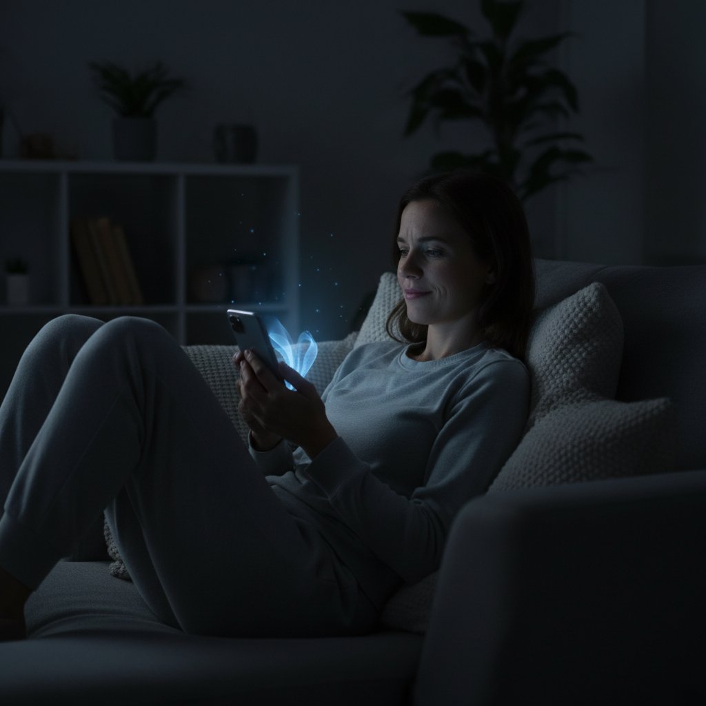 Osoba z telefonem w ręku przyciemnione światło, nowoczesne technologie w redukcji stresu