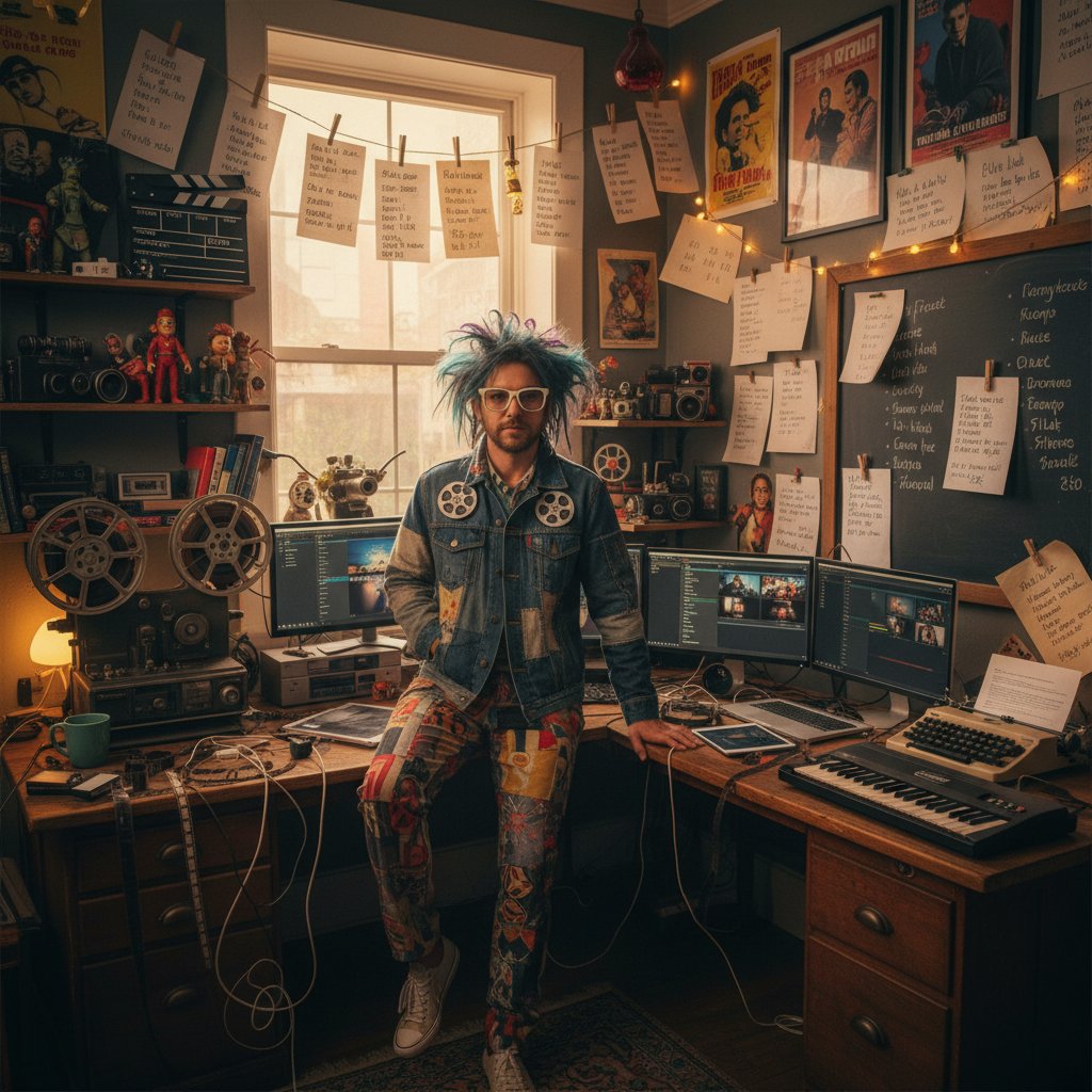 Movie lover curating a list of comedy sleeper hits with film memorabilia nearby