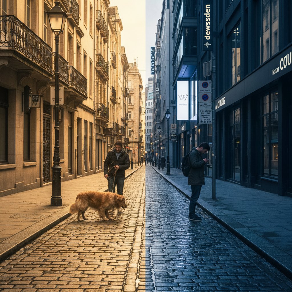 Dwie osoby – jedna z prawdziwym psem, druga z telefonem symulującym psa – na tej samej ulicy