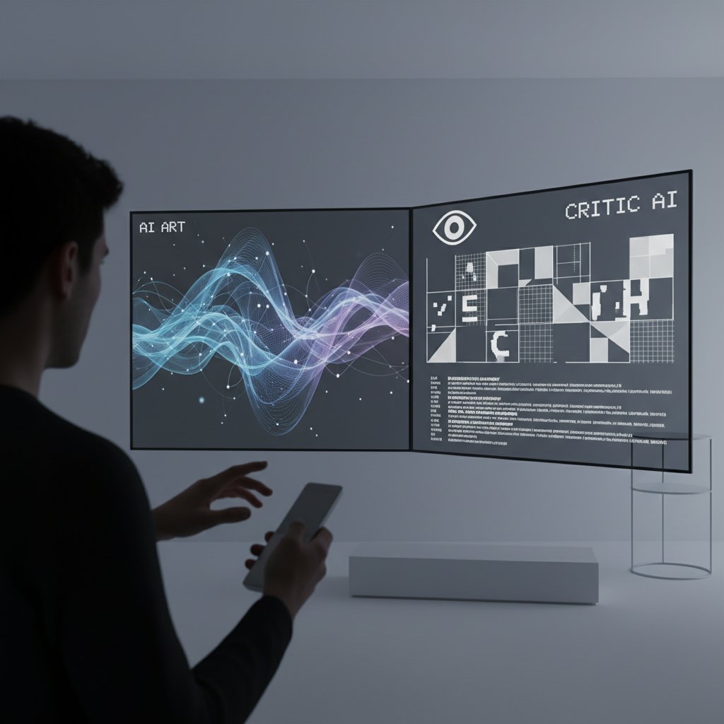 Metaphorical photo of person with remote facing a split screen, one side AI, one side critic, abstract setting