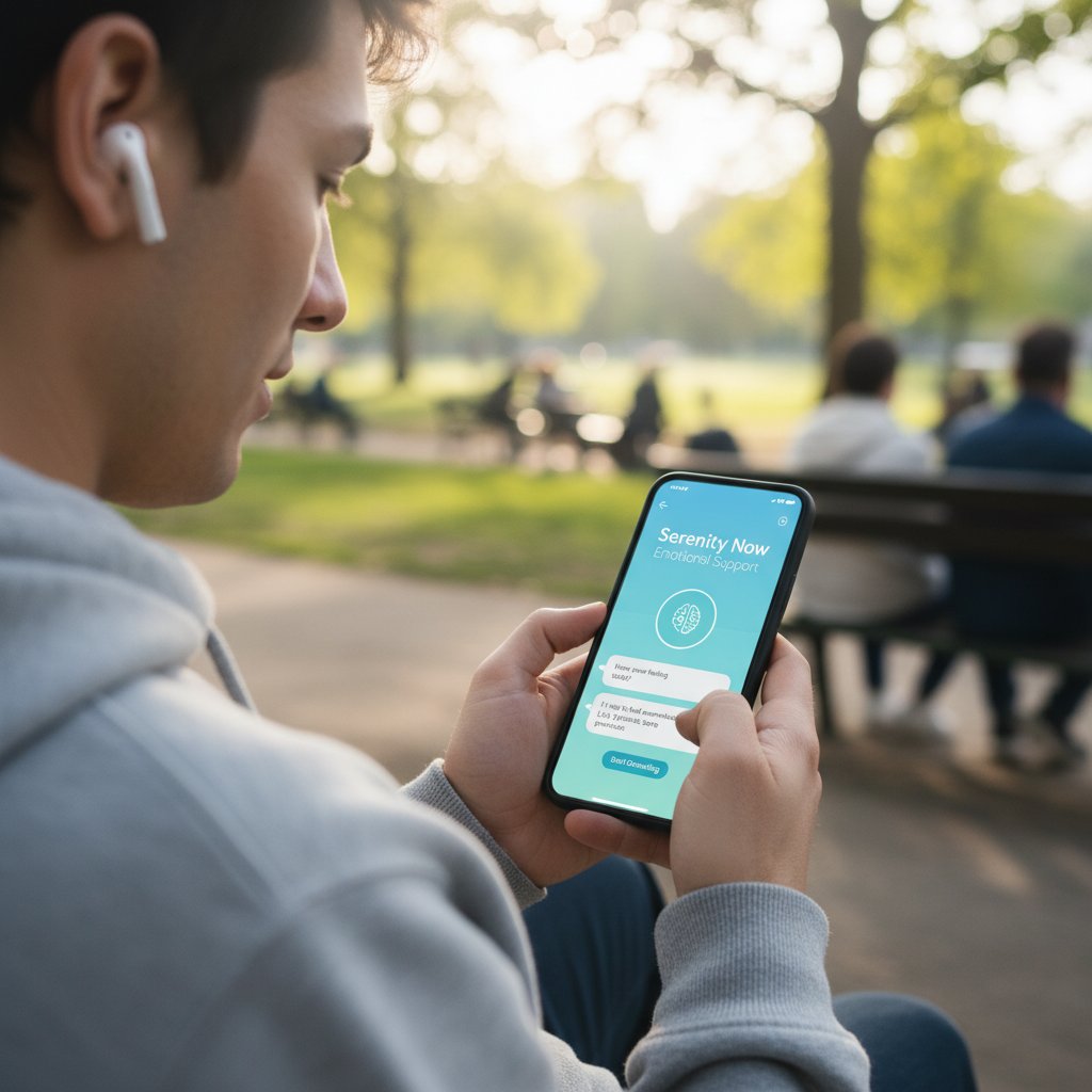Osoba korzystająca z aplikacji wsparcia emocjonalnego na smartfonie, ilustracja wpływu technologii na defleksję