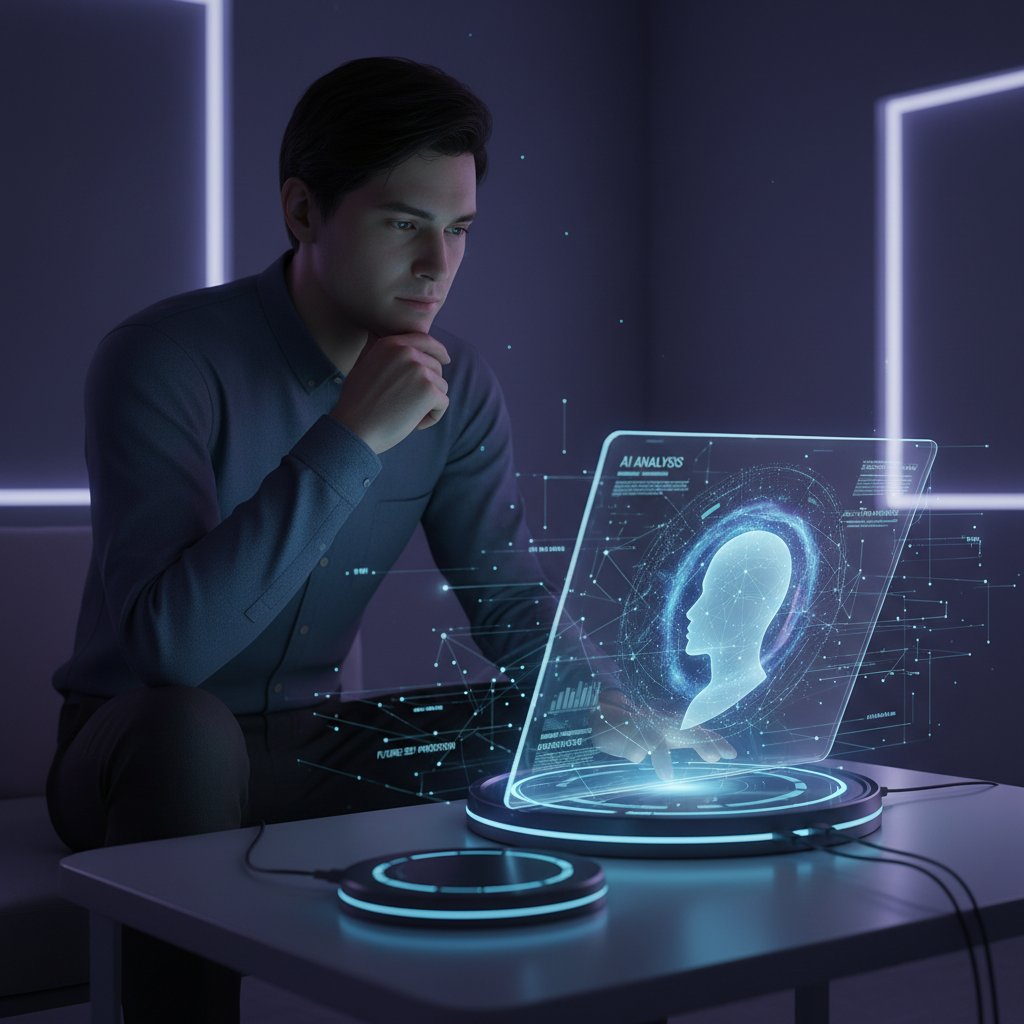 Osoba analizująca dane na tablecie – autorefleksja z pomocą AI