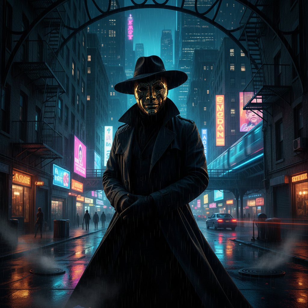 Człowiek z maską teatralną w ruchliwym mieście – kadr jak z filmu