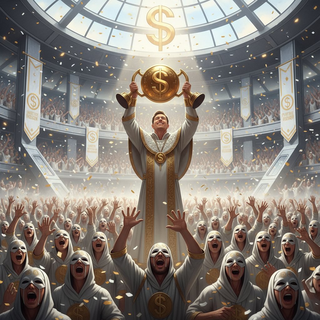 Osoba z pucharem, tłum wiwatujący, symbol kultywowania sukcesu.