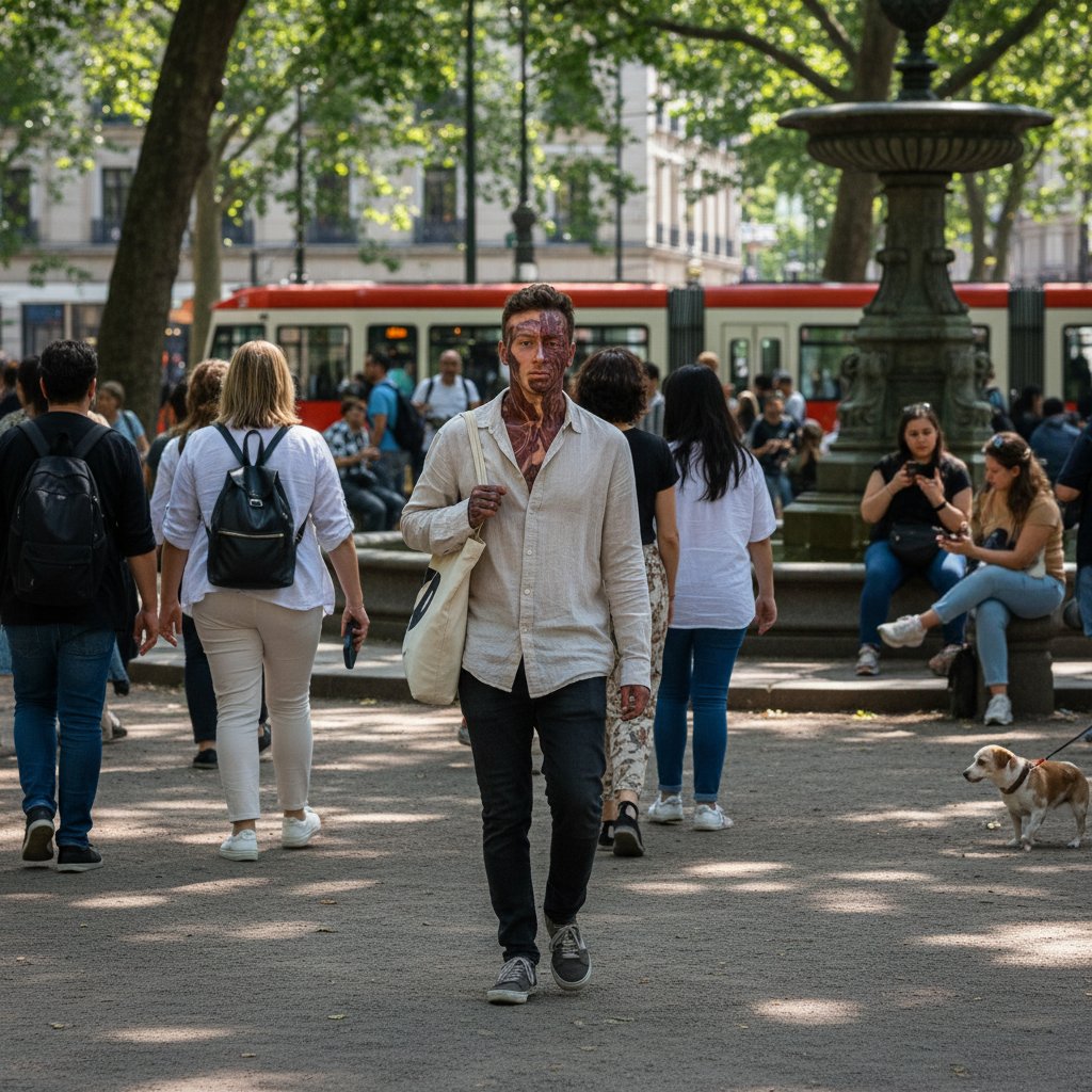 Osoba z widoczną zmianą skórną w miejscu publicznym