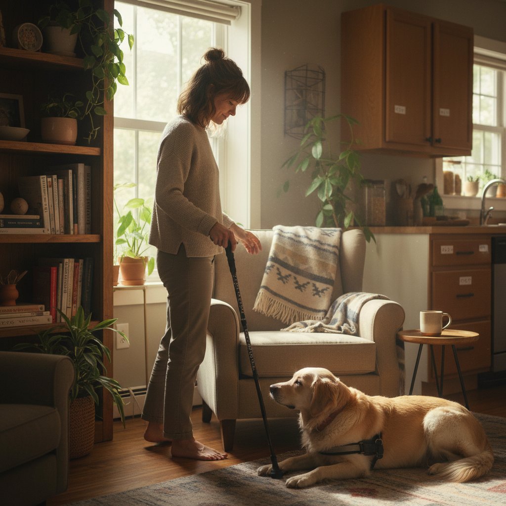 Osoba z ograniczonym widzeniem w mieszkaniu, codzienne czynności w nowej rzeczywistości