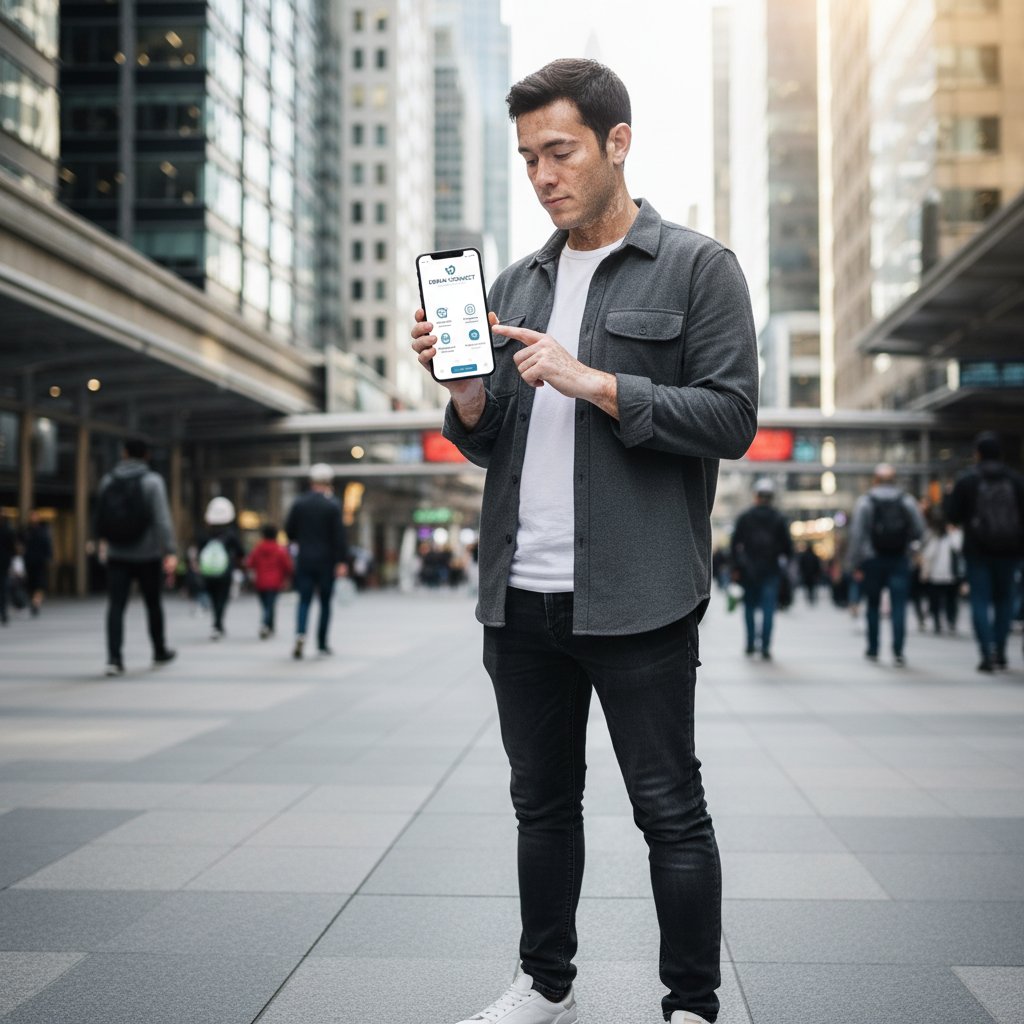 Osoba z bielactwem korzystająca z aplikacji zdrowotnej na smartfonie, nowoczesne miasto, codzienność