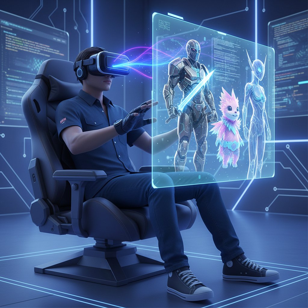 Osoba zakładająca gogle VR, otoczona cyfrowymi avatarami, symbol nowej tożsamości online