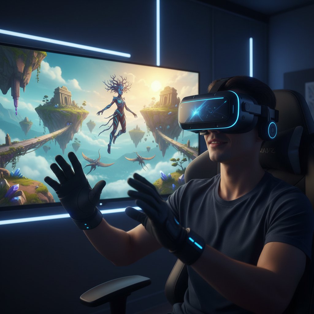 Osoba z zestawem VR eksploruje wirtualny świat jako avatar, dynamiczne otoczenie