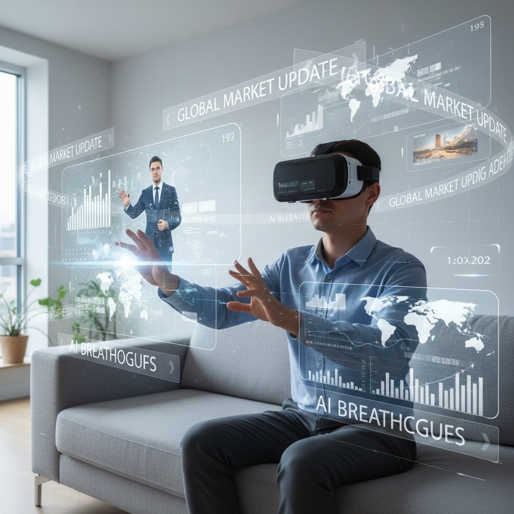 Osoba w goglach VR oglądająca multimedialne wiadomości w rozszerzonej rzeczywistości