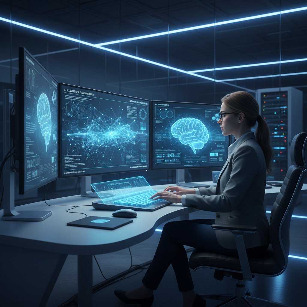 Osoba korzystająca z laptopa, na ekranie widoczny algorytm AI analizujący wyniki testu psychologicznego