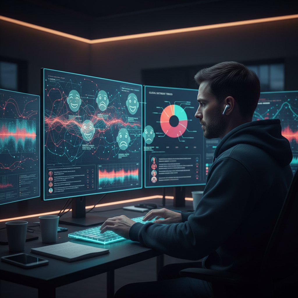 Zdjęcie osoby pracującej przy komputerze, z ekranem pokazującym analizę danych emocjonalnych