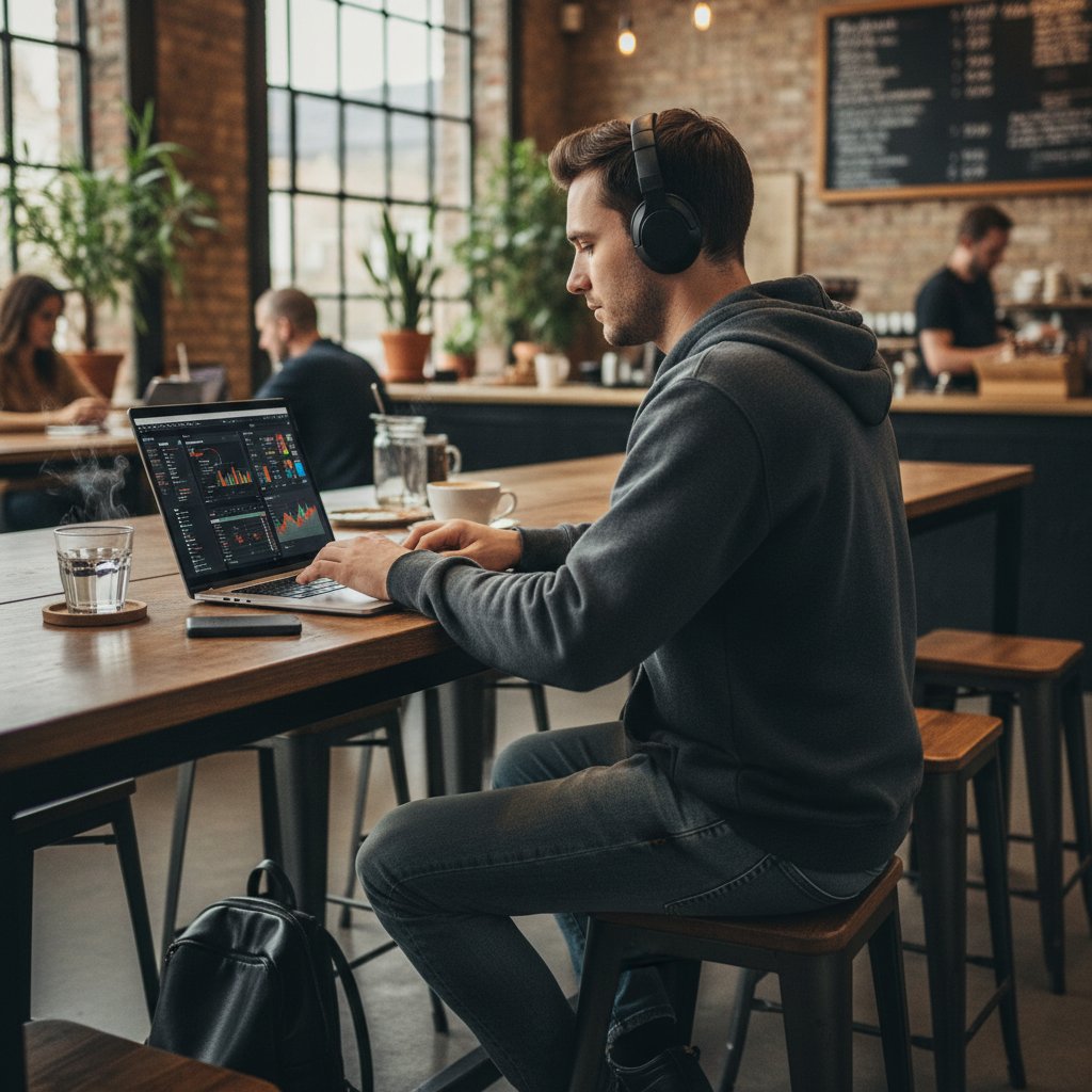 Osoba pracująca na nowoczesnym laptopie w kawiarnianym biurze, dynamiczna scena pracy mobilnej