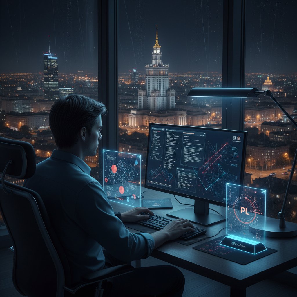 Osoba pracująca przy komputerze nocą – szukanie odpowiedzi w polskim AI