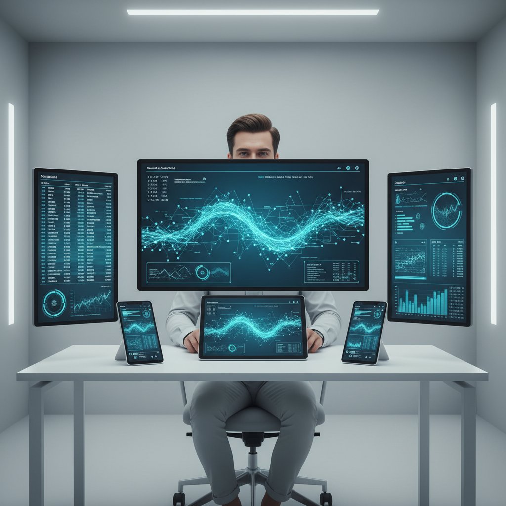 Person working with screens and data, representing a flowchart of the movie recommendation process in a minimal white, mobile-friendly environment