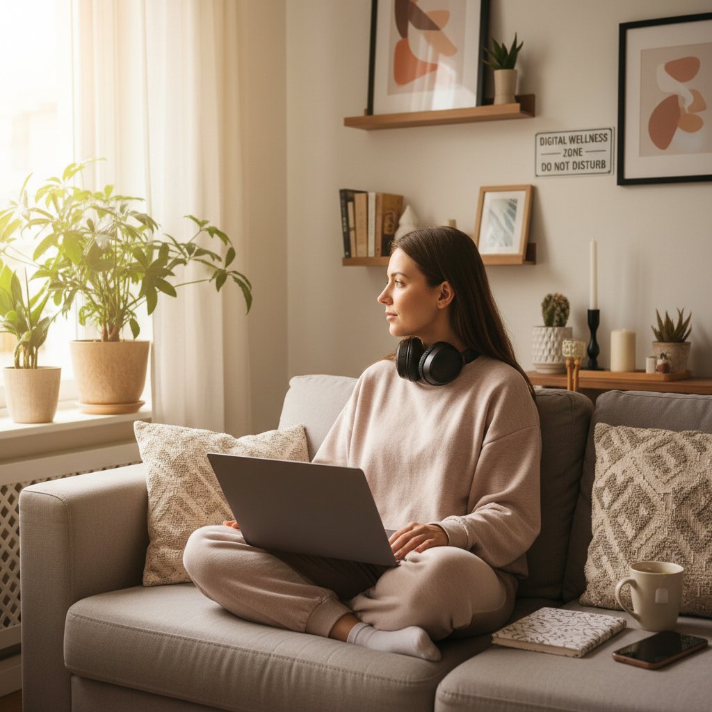 Osoba pracująca na laptopie w domowym zaciszu, bezpieczeństwo psychoterapia online