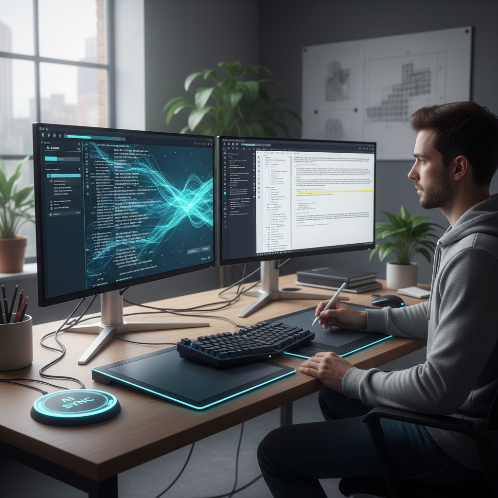 Zdjęcie osoby pracującej na dwóch monitorach, na jednym oknie z AI, na drugim otwarty edytor tekstu – symbolika workflow hybrydowego