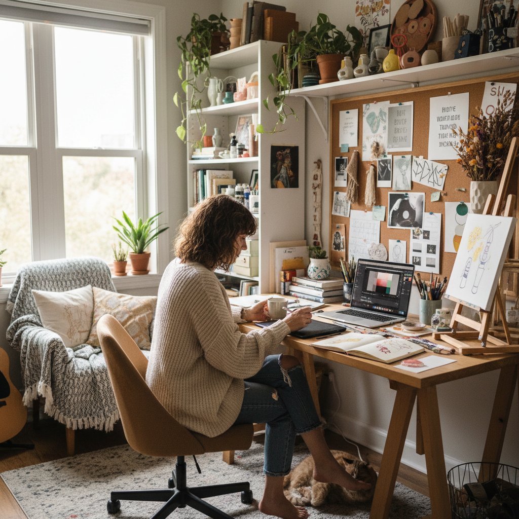 Praca i pasje w domu – inspiracje dla osób z agorafobią, laptop, kreatywne projekty na biurku, przytulne wnętrze