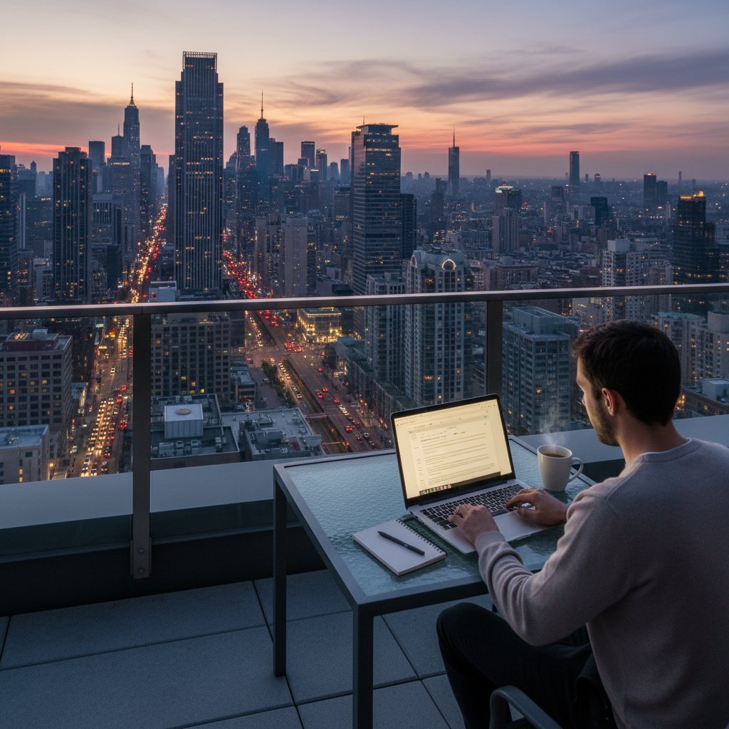 Zdjęcie osoby pracującej z laptopem na tle miejskiego krajobrazu – symbol wolności i samodzielności w pracy