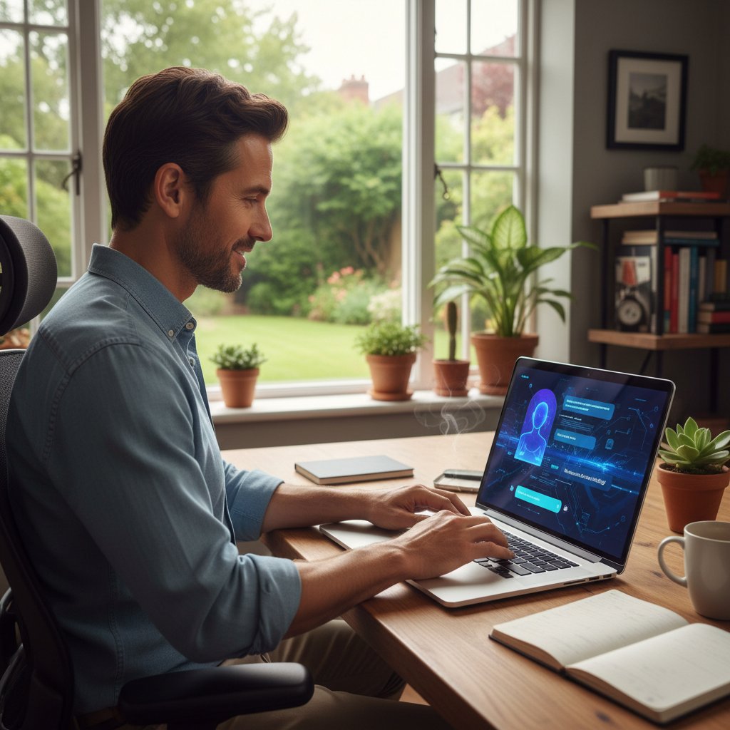 Osoba pracująca przy laptopie, testująca regenerację chatgpt w domowym biurze