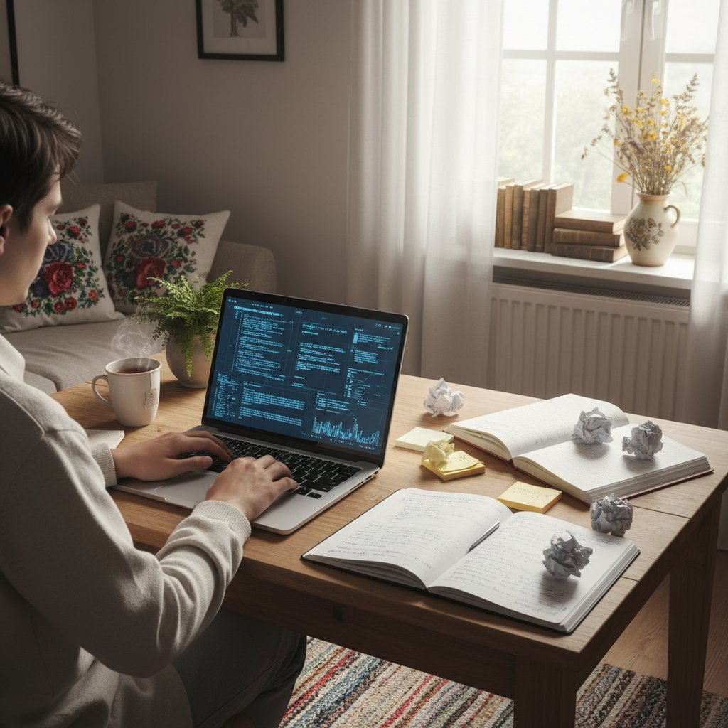 Osoba pracująca przy laptopie, otwarte notatki, ekran z tekstem AI, spokojna polska scena domowa