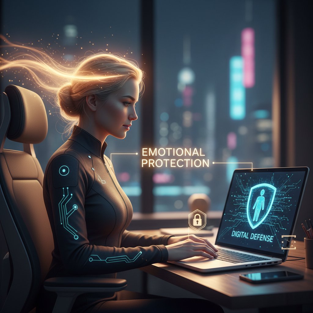 Osoba pracująca przy komputerze, odzwierciedlająca mechanizmy obronne w pracy i online