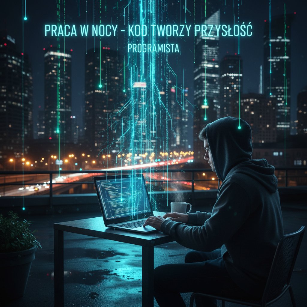 Osoba pracująca przy laptopie nocą, otoczona kodem i polskim tekstem w świetle neonów