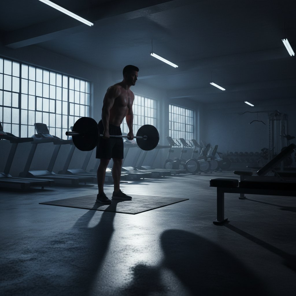 Osoba ćwicząca samotnie na siłowni, pusta sala, wyraźny kontrast światła i cienia, atmosfera refleksji