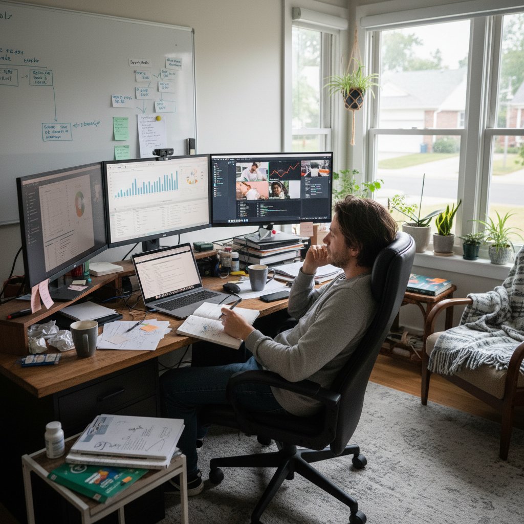 Osoba przy komputerze w domowym biurze, praca zdalna, depresja dwubiegunowa