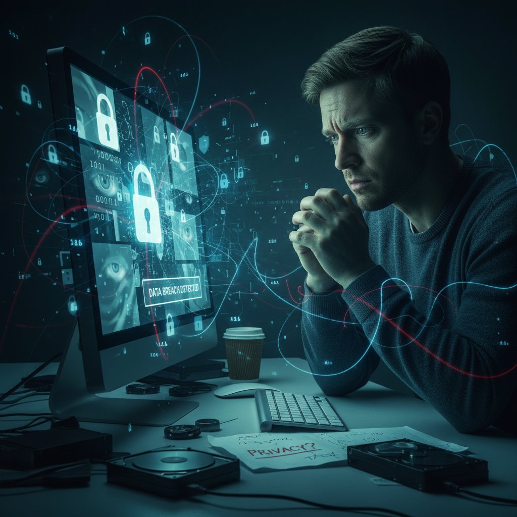 Osoba siedzi przy komputerze, zasłaniając twarz dłonią w wyrazie niepewności związanej z prywatnością