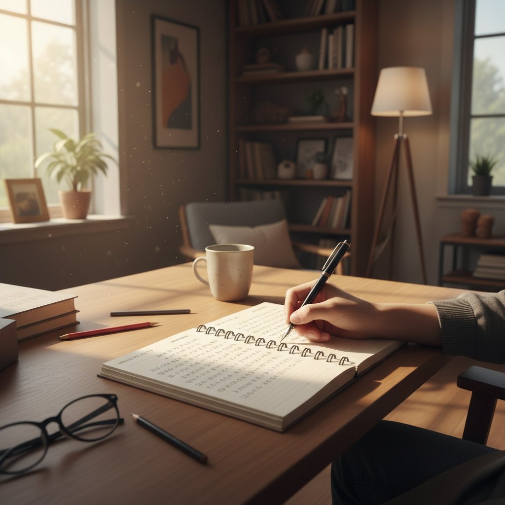 Osoba przepisująca znaki Hangul na kartce, skupiona w domowym otoczeniu