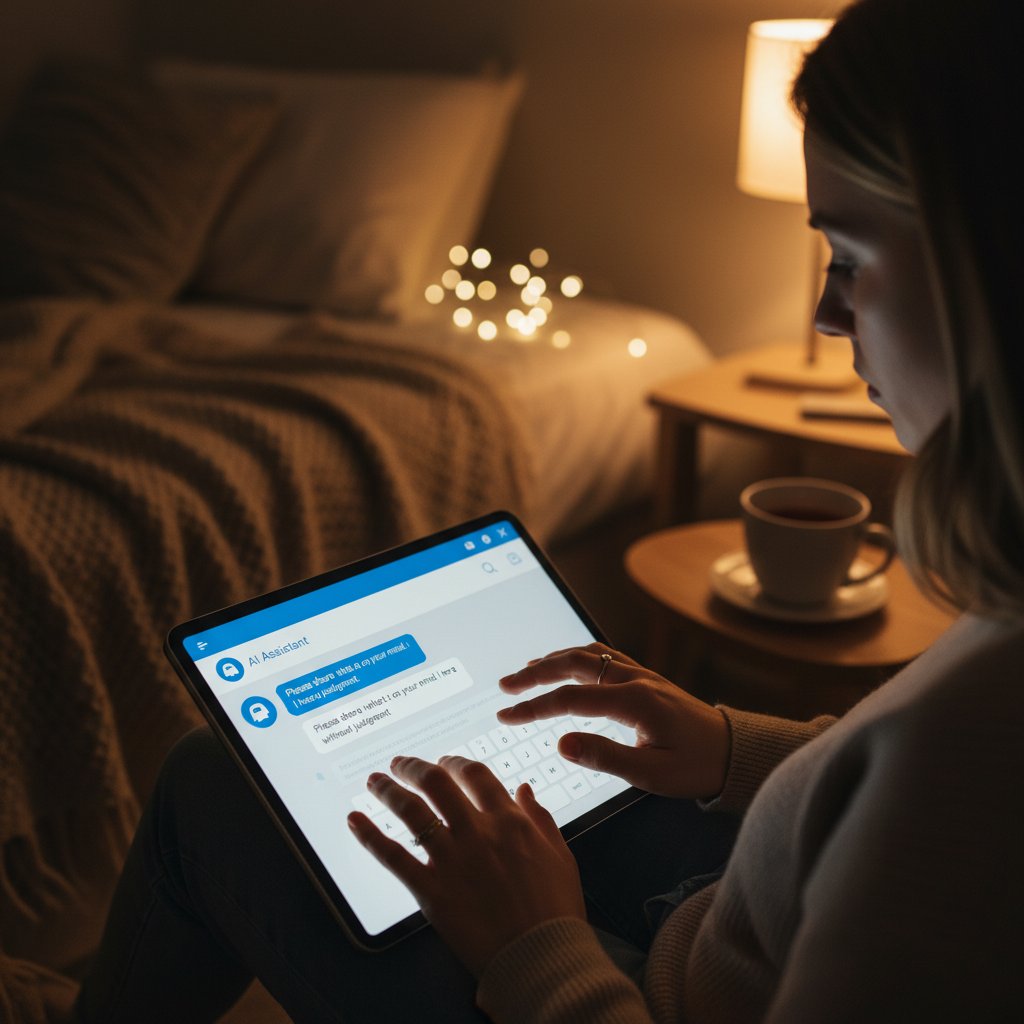 Osoba pisząca szczerą wiadomość do AI na telefonie, atmosfera intymnej rozmowy