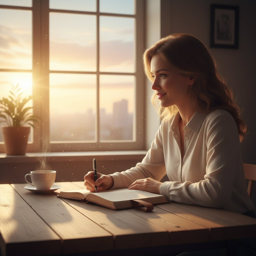 Osoba pisząca w dzienniku o świcie – symbol zmiany stylu atrybucji